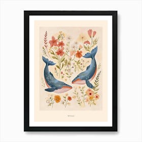 Folksy Floral Animal Drawing Whale Poster Art Print