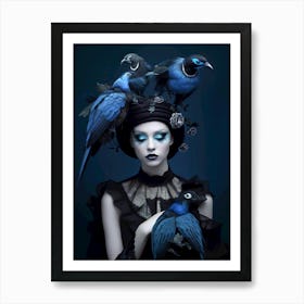 Woman With Blue Birds On Her Head Art Print