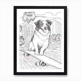 Border Collie Dog Skateboarding Line Art 2 Art Print