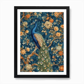 Blue Floral Peacock Wallpaper Art Print