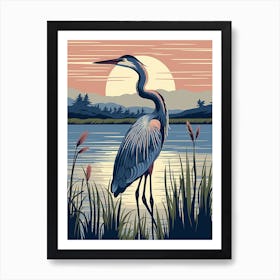 Vintage Bird Linocut Great Blue Heron 9 Art Print
