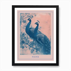 Two Peacocks On A Tree Pink Cyanotype Inspired Poster Art Print