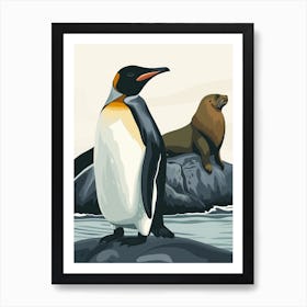King Penguin Sea Lion Island Minimalist Illustration 4 Art Print