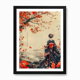 Elegant Japanese Woman in Kimono | Traditional Asian Art | Cherry Blossom Tree Painting Art Print