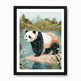 Giant Panda Standing On A Riverbank Storybook Illustration 3 Art Print