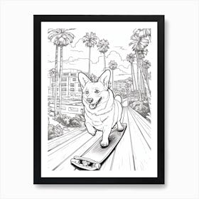 Corgi Dog Skateboarding Line Art 2 Art Print