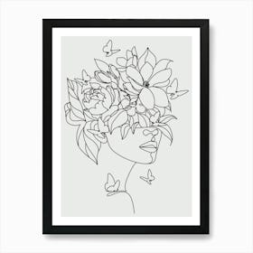 Woman With Flowers In Her Head line art Art Print