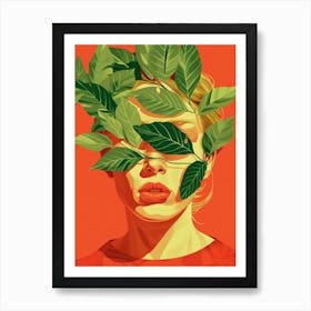 Leaves On A Woman'S Face Art Print