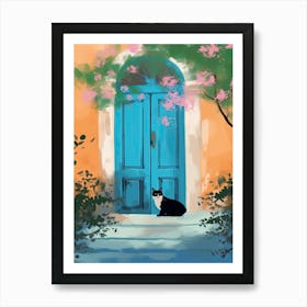 Black And White Cat Mediterranean Blue Door Art Print