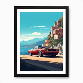 A Dodge Challenger In Amalfi Coast, Italy, Car Illustration 1 Art Print