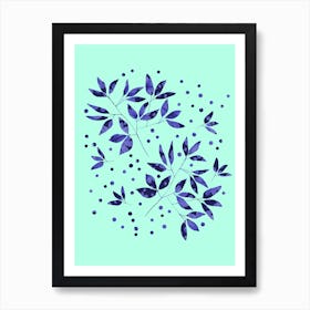 Floral Branches Blue Pattern On Mint Art Print