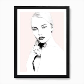 Black And White Portrait Of A Woman With Cat Art Print