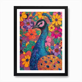Floral Colourful Peacock Portrait 1 Art Print