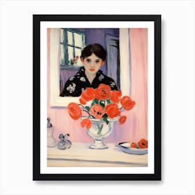 Woman In The Mirror Bathroom Vanity Painting With A Anemone Bouquet 2 Art Print