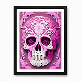 Skull With Mandala Patterns 2 Pink Line Drawing Art Print