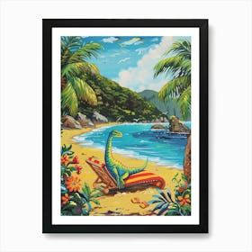 Dinosaur On A Sun Lounger On The Beach 2 Art Print