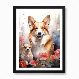 Adorable Mom & Cute Pup Corgi Portraits Art Print