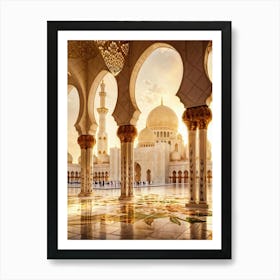 Mosque With Islamic Architectural Features Minarets Domes Intricate Geometric Patterns Adorning W Art Print