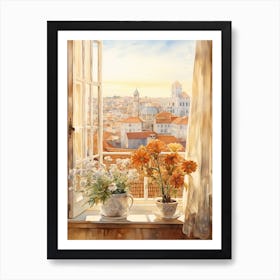 Window View Of Lisbon Portugal In Autumn Fall, Watercolour 4 Art Print