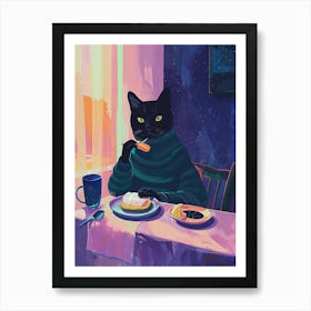 Black Cat Having Breakfast Folk Illustration 1 Art Print