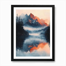 Misty Mountain Sunrise With Reflections – Tranquil Nature Landscape Art Print Art Print