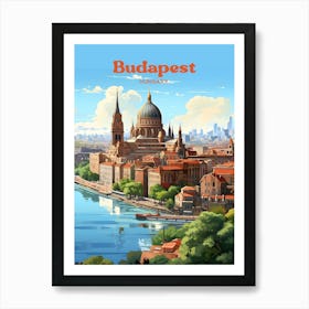 Budapest Hungary Parliament Building Modern Travel Illustration Art Print