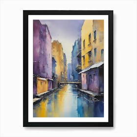Colored Painting Of A Cityscape,Indigo And Yellow,Purple (29) Art Print