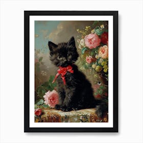 Black Rococo Inspired Kitten  With Red Bow Art Print