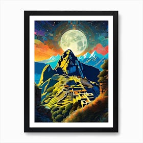 Machu Picchu Ancient City ~ Peruvian Travel Adventure Visionary Wall Decor Futuristic Sci-Fi Trippy Surrealism Modern Digital Psychedelic Cubic Fantasy Art Full Moons Stars Mandala Spiritual Fractals Space DMT Vibrant Art Print