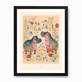 Folksy Floral Animal Drawing Hippo Poster Art Print