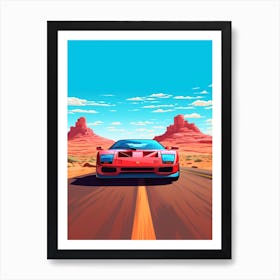 A Ferrari F40 Car In Route 66 Flat Illustration 3 Art Print