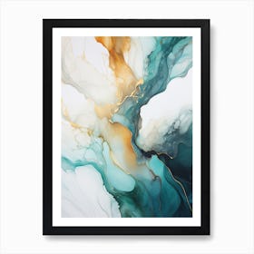 Teal, White, Gold Flow Asbtract Painting 2 Art Print