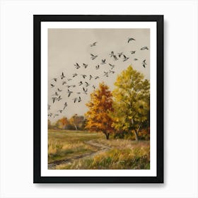 Birds Flying Over A Field Art Print