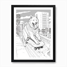 Alaskan Malamute Dog Skateboarding Line Art 1 Art Print