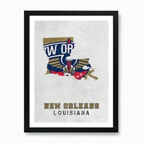 New Orleans Pelicans New Orleans Louisiana State Map Art Print