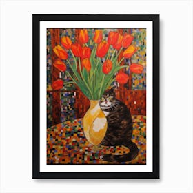 Tulips With A Cat 1 Art Nouveau Klimt Style Art Print