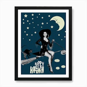 Pin Up Girl Posing On A Broom Under Halloween Moon and Stars Art Print