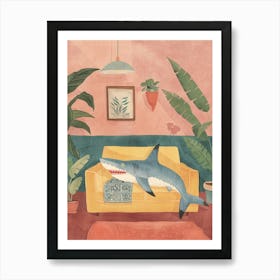 Shark Lying On The Sofa In The Living Room Pastel Watercolour 1 Art Print