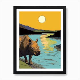 Simple Rhino Line Illustration By The River 2 Art Print