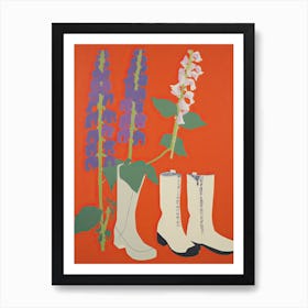 A Painting Of Cowboy Boots With Snapdragon Flowers, Pop Art Style 6 Art Print