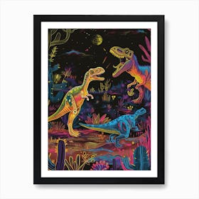 Neon Dinosaurs In The Desert Art Print