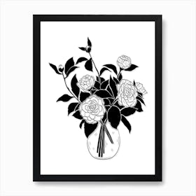 Bouquet Of Roses In A Vase Black and White Art Print