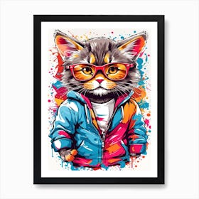 Full Color Cute Cat Wearing Jacket And Glasses Art Print