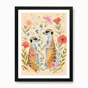 Folksy Floral Animal Drawing Meerkat 2 Art Print