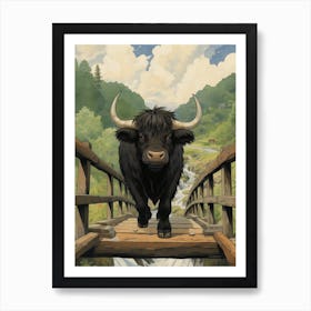 Animated Black Bull Crossing A Wooden Bridge 2 Art Print