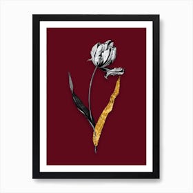 Vintage Didiers Tulip Black and White Gold Leaf Floral Art on Burgundy Red n.0596 Art Print
