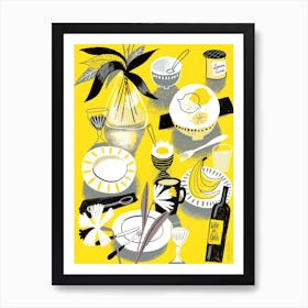 Stillife Wine Plates Shadows Yellow Grey  Art Print