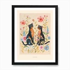 Folksy Floral Animal Drawing Panther Poster Art Print