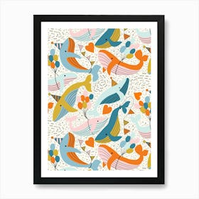 Humpback Whales Have a Birthday Party Bright Pastel Kids Art Print