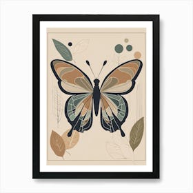 Boho Minimalist Butterfly with Leaves v1 Art Print